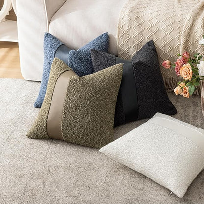 24"x24" Denim Blue Boucle Pillow Covers with Faux Leather Accents Set of 2 Fluffy Textured Decorative Throw Pillow Cases for Couch Bed Boho Farmhouse Square Cushion Covers for Home Décor