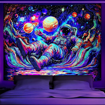 Blacklight Astronaut Tapestry Wall Hanging Space Galaxy Travel Funny Wander Tapestries for Bedroom Colorful Aesthetic Cool Wall Art for Guys Gamer Room Dorm Living Room (celestial bodies, 60''×44'')
