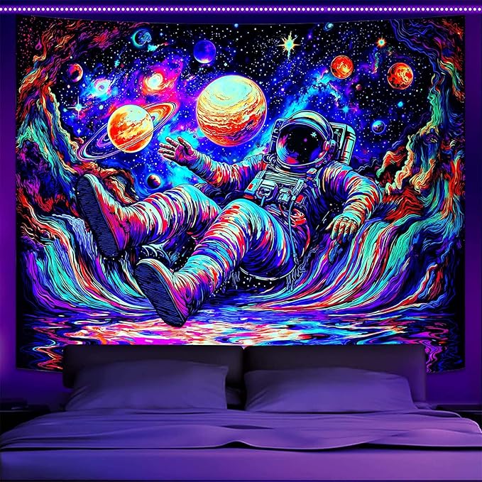 Blacklight Astronaut Tapestry Wall Hanging Space Galaxy Travel Funny Wander Tapestries for Bedroom Colorful Aesthetic Cool Wall Art for Guys Gamer Room Dorm Living Room (celestial bodies, 48''×36'')