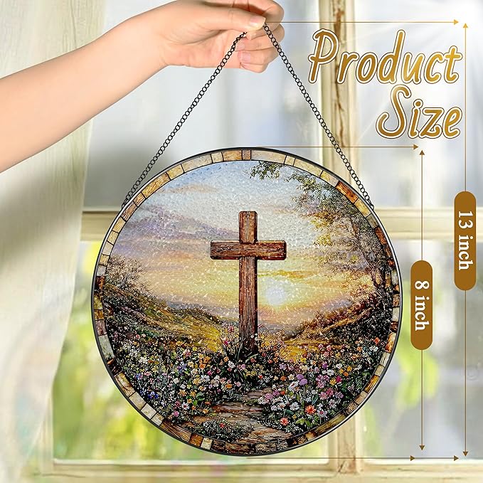 8 Inches Cross Sunset Stained Glass Suncatcher, Christmas Ornament, Window Hanging Decor, Christian Home Decor, Christian Gift, Religious Gift, Gifts for Christmas