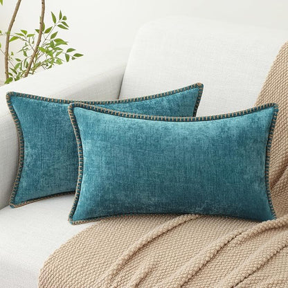 decorUhome Spring Chenille Soft Throw Pillow Covers 12x20 Set of 2, Lumbar Velvet Farmhouse Neutral Decorative Pillow Covers with Stitched Edge for Couch Sofa Bed Home Decor, Teal