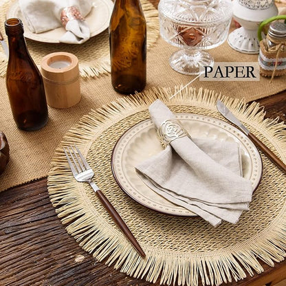 FunWheat Paper Round Placemats Set of 12 for Dining Tables 15 Inch Heat Resistant Table Mats Handmade Natural Place mats for Farmhouse Decoration(Beige)