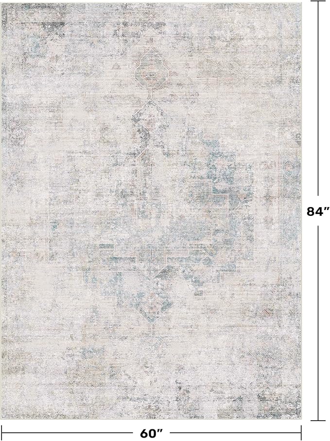 Low Pile Office Rugs for Rolling Chairs - 5x7 Abstract Rugs for Living Room, Large Entryway, Cream Slate Blue Decor, Non Slip with Rubber Backed & Stain Resistant