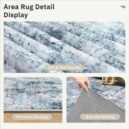 Area Rugs 4x6 for Living Room, Vintage Abstract Washable Rugs for Dining Room, Kitchen, Non-Slip Area Rug Blue