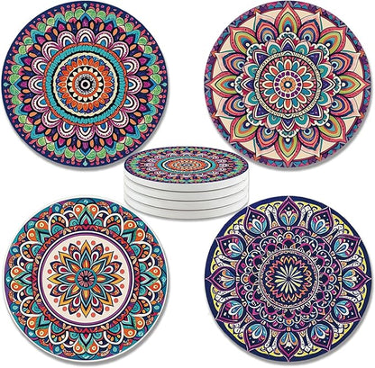 zcyhtqp, Funny Absorbent Round Ceramic Stone Coasters Set of 4 with Cork Base, Mandala Drink Coasters, Ceramic Boho Coasters, Gifts for Home, Kitchen, Bar, Office Table Décor