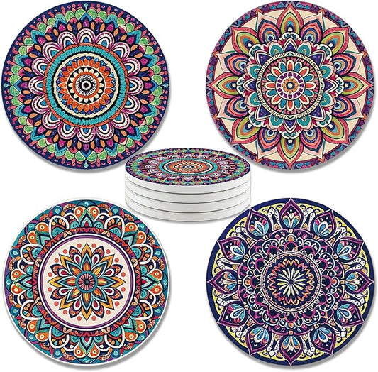 zcyhtqp, Funny Absorbent Round Ceramic Stone Coasters Set of 4 with Cork Base, Mandala Drink Coasters, Ceramic Boho Coasters, Gifts for Home, Kitchen, Bar, Office Table Décor