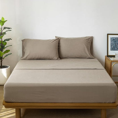 MooMee Bedding Sheet Set 100% Washed Cotton Linen Like Textured Breathable Durable Soft Comfy (Solid Mocha Brown, Twin XL)