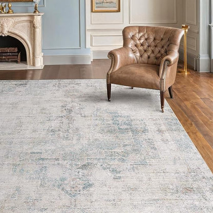 Low Pile Office Rugs for Rolling Chairs - 5x7 Abstract Rugs for Living Room, Large Entryway, Cream Slate Blue Decor, Non Slip with Rubber Backed & Stain Resistant