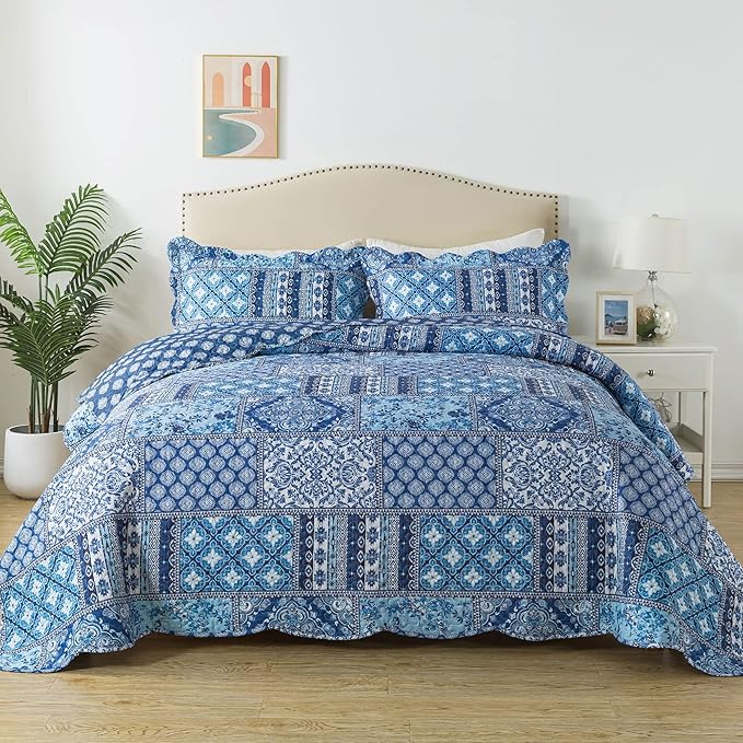 HoneiLife King Quilt Bedding Set - 3 Pieces Rustic Quilt Sets Microfiber Bedspreads Floral Coverlets Retro Bed Cover All Season Quilts-Blue
