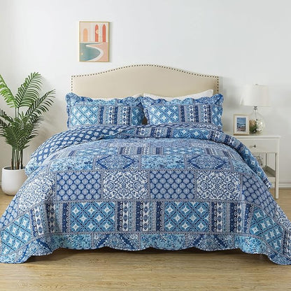 HoneiLife King Quilt Bedding Set - 3 Pieces Rustic Quilt Sets Microfiber Bedspreads Floral Coverlets Retro Bed Cover All Season Quilts-Blue