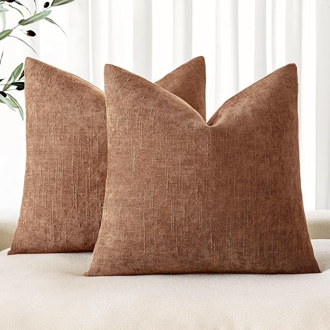 MIULEE Pack of 2 Decorative Throw Pillow Covers Soft Chenille Euro Pillowcases Solid Neutral Farmhouse Textured Cushions Morden Home Decor for Couch Sofa Bedroom Living Room 24x24 Inch,Red Brown