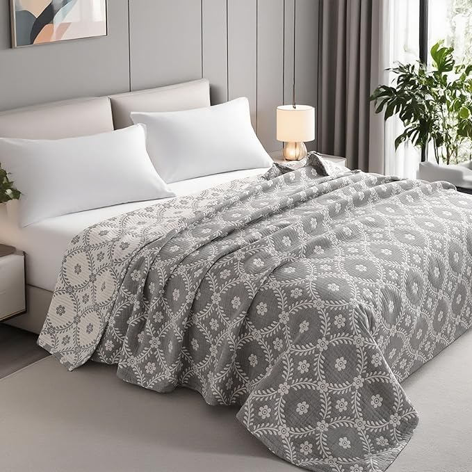 NTBAY 3 Layers Cotton Muslin 88x92 Queen Bed Blanket, Super Soft Breathable Thermal Yarn Dyed Quilt for Adults, Perfect Lightweight Blanket for Couch Sofa Bed All Seasons, Grey Garlands