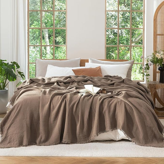MooMee Muslin Blanket - 100% Cotton 4-Layer Gauze Throw Blanket with Tassels Ultra-Soft Breathable Lightweight Cooling for Bed Couch (Brown,Oversize Queen 98" x 98")