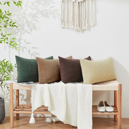 GAWAMAY Lumbar Decorative Throw Pillow Covers 12"x20" Inch Set of 2, Super Soft Chenille Rectangle Pillowcase for Living Room Bedroom Sofa Couch Cushion Support Pillow Cover 30x50cm Khaki (No Insert)