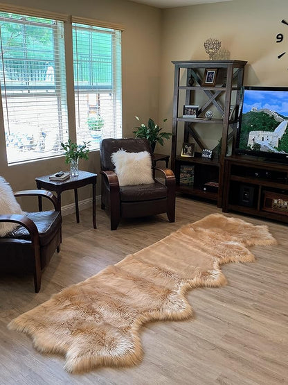 LAMBZY Faux Sheepskin Super Soft Hypoallergenic Silky Shag Rug for Living Room, Kids Room, Sofa (5 Pelts Side by Side 3'x10', Beige)