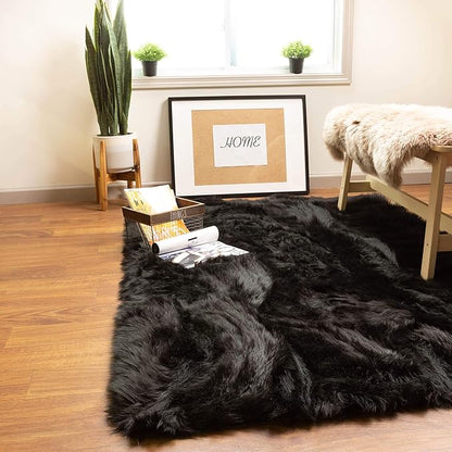 Super Area Rugs Ultra Soft & Fluffy Faux Sheepskin Rug, Black 3 x 5 Feet Carpet for Bedroom Living Room