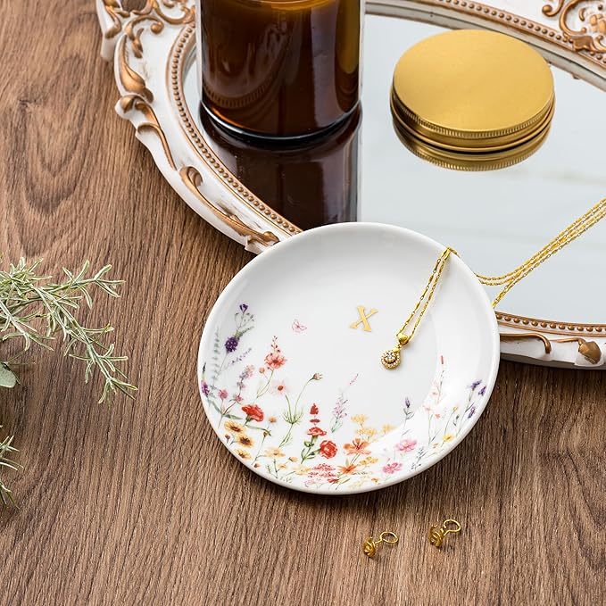 Crisky Initial Jewelry Tray Ring Dish & Gift Box, Ceramic Flower Trinket Dish for Rings Earrings Necklaces Keys, Bridal Shower Engagement Birthday Gift for Women, Friends 4.57" (Gold Foil X