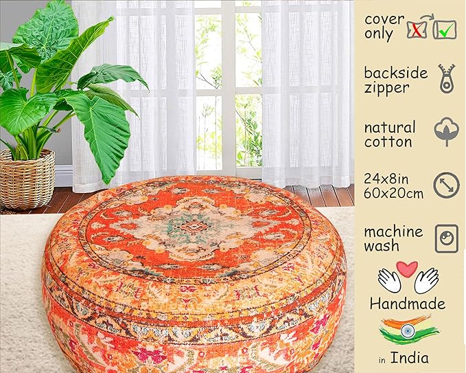Colorful Pouf Cover Orange Round Orange Floor Pillow Seating Area Stool Boho Room Décor Accent Furniture Perfect for Living Room, Bedroom, Nursary or Children Room Cotton 24x8 Unstuffed