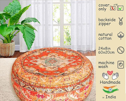 Colorful Pouf Cover Orange Round Orange Floor Pillow Seating Area Stool Boho Room Décor Accent Furniture Perfect for Living Room, Bedroom, Nursary or Children Room Cotton 24x8 Unstuffed