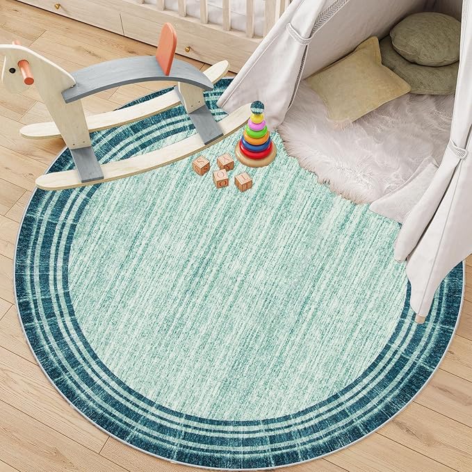 Lahome Abstract Round Rug 6 ft for Living Room, Ultra Thin Washable Soft Circle Bedroom Area Rug, Teal Printed Minimalist Boder Indoor Circular Carpet for Office Dining Room Under Table
