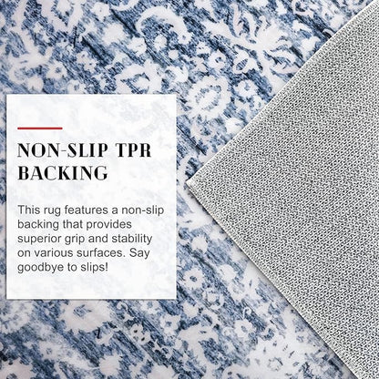 Runner Rug 2x10, Light Blue White Washable Long Hallway Rug Runner Non-Slip Soft Kitchen Runner Thin Printed Faux Wool Super Soft Carpet for Entryway Bedroom Laundry Room Indoor Home Decor
