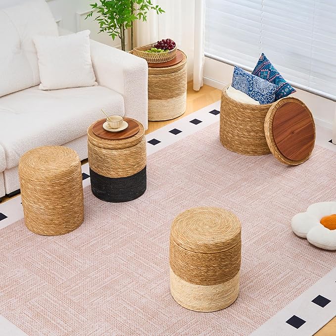 Wimarsbon Round Pouf Ottomans, Handwoven Natural Water Hyacinth Seagrass Pouffe,Outdoor Rattan Stool Accent Seat, Bohemian Coastal Home Decor (Storage - 18inch Natural Cattail)
