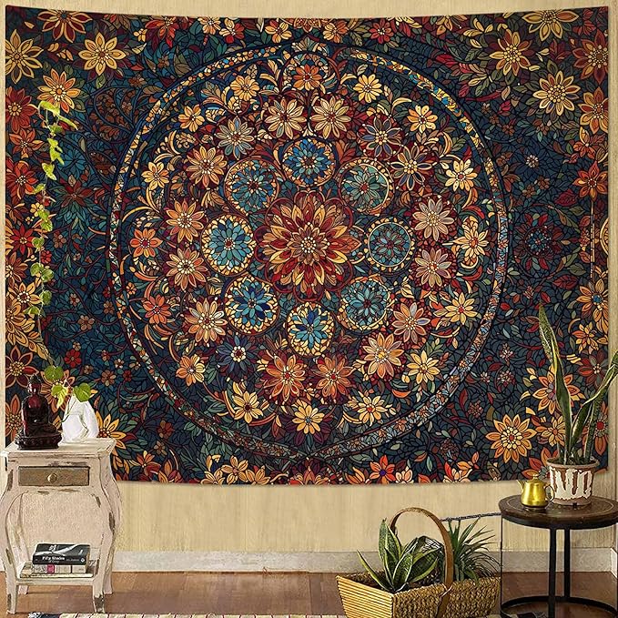Fowocu Boho Floral Mandala Tapestry Wall Hanging Vintage Bohemian Flower Medallion Tapestry Aesthetic Orange Stained Glass Hippie Tapestries for Bedroom Living Room Dorm Decor 60 x 44 Inch