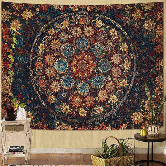 Fowocu Boho Floral Mandala Tapestry Wall Hanging Vintage Bohemian Flower Medallion Tapestry Aesthetic Orange Stained Glass Hippie Tapestries for Bedroom Living Room Dorm Decor 60 x 44 Inch