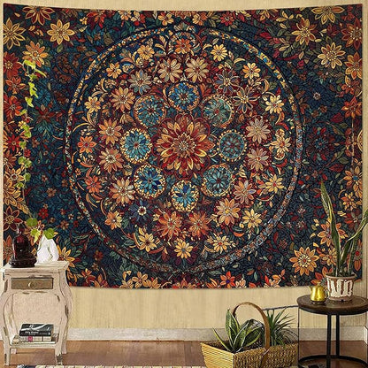Fowocu Boho Floral Mandala Tapestry Wall Hanging Vintage Bohemian Flower Medallion Tapestry Aesthetic Orange Stained Glass Hippie Small Tapestries for Bedroom Living Room Dorm Decor 48 x 36 Inch
