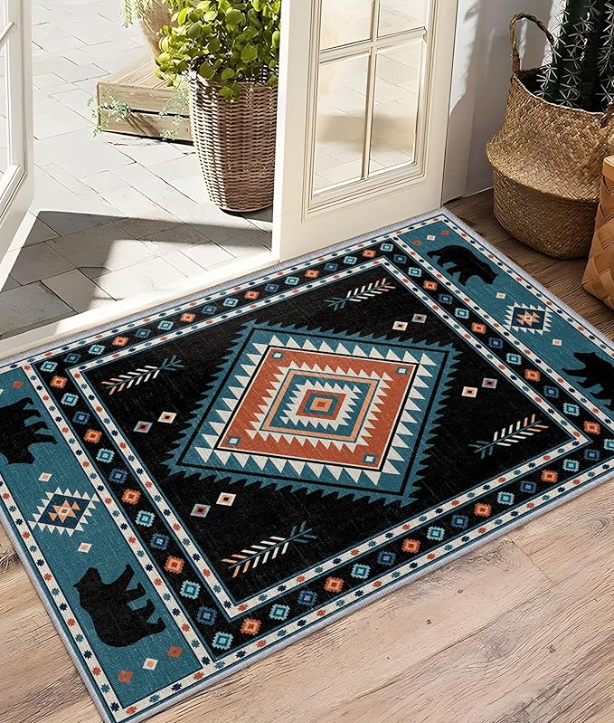 Native Amrican Rug 5x6 - Southwestern Bear Cabin Area Rugs for Bedroom Living Room, Rustic Bohemian Machine Washable | Non-Slip | Soft Carpets, Southwest Room Decor (Teal Orange Black)
