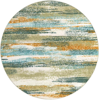 Modern Abstract Round Rug 5Ft, Green Mustard Multi Small Washable Non-Slip Circle Rug, Soft Circular Dining Room Rug Thin Print Faux Wool Carpet for Bedroom Living Room Office Playroom