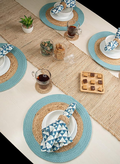 Chardin home Round Verona Woven Jute & Cotton Braided PLACEMAT (Set of 4), Size -15” Round, Color - Natural Jute with Aqua Blue Border.