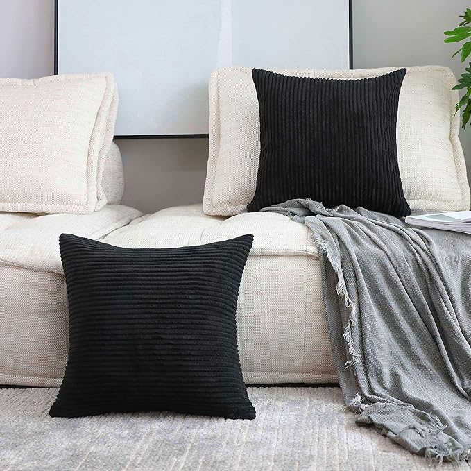 Home Brilliant Striped Velvet Cushion Cover for Chair 2 Packs Supersoft Handmade Fall Decorative Pillowcase for Bed Bench, 50cm, 20 x 20 Inch, Black
