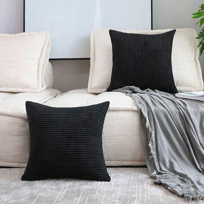 Home Brilliant Pillow Covers Super Soft Striped Corduroy Spring Fall Decorative Euro Sham for Couch, Set of 2, 26 x 26 inch, Black