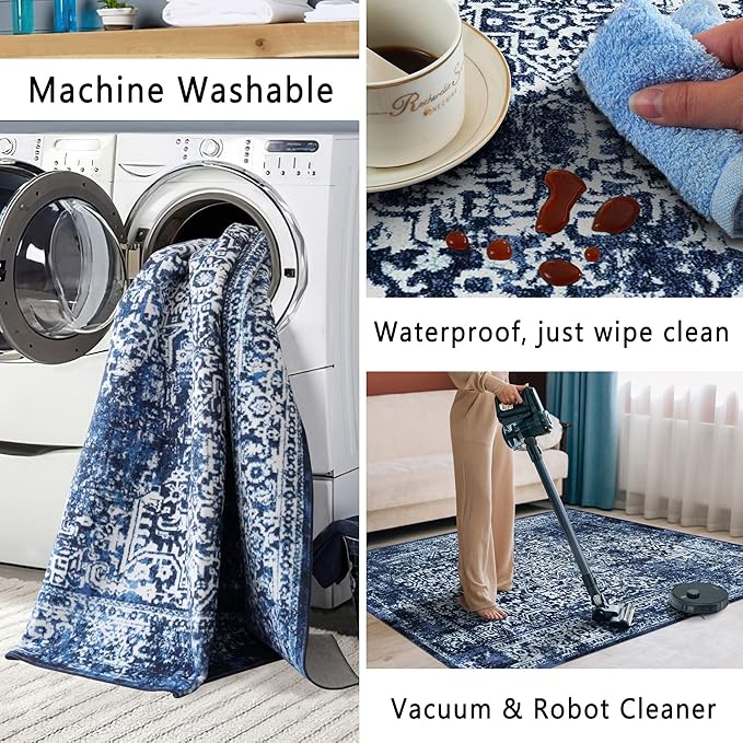 vivorug 4x6 Area Rugs, Stain Resistant Washable Rug for Living Room, Vintage-Inspired (Navy Blue, 4'x6')