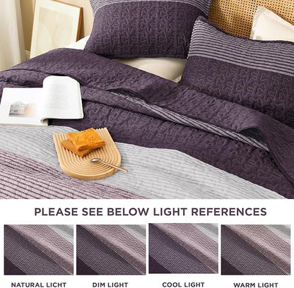 Litanika Quilt King Size Purple and Grey, Stripe Patchwork Summer Bedspread Coverlet 3 Pieces, Soft Lightweight Microfiber Quilted Bedding Set for All Season(1 Quilt, 2 Pillowcases)
