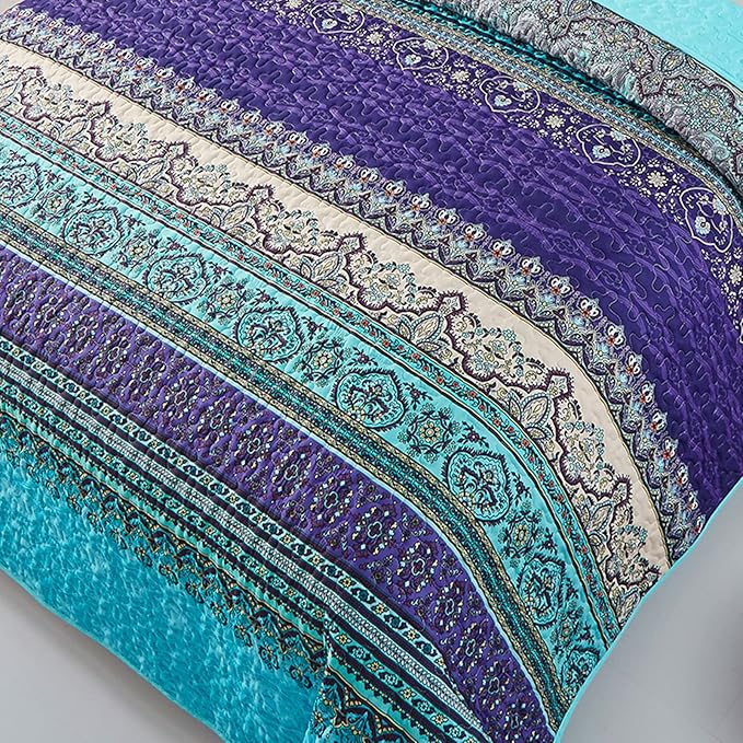 WONGS BEDDING Boho Quilt King Size, Blue Purple Bohemian King Quilt, Lightweight Microfiber Bed Decor Bedspread for All Season 103"x90"(3 Pieces)