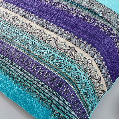 WONGS BEDDING Boho Quilt King Size, Blue Purple Bohemian King Quilt, Lightweight Microfiber Bed Decor Bedspread for All Season 103"x90"(3 Pieces)