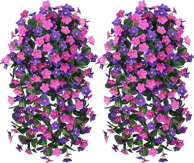 Artificial Fake Hanging Flowers Plants for Outdoor Winter Summer Decoration, 2PCS Faux Silk Daisy Flower Look Real UV Resistant Orchid Vine for Home Outside Garden Wall Indoor(Dark Purple and Fuchsia)