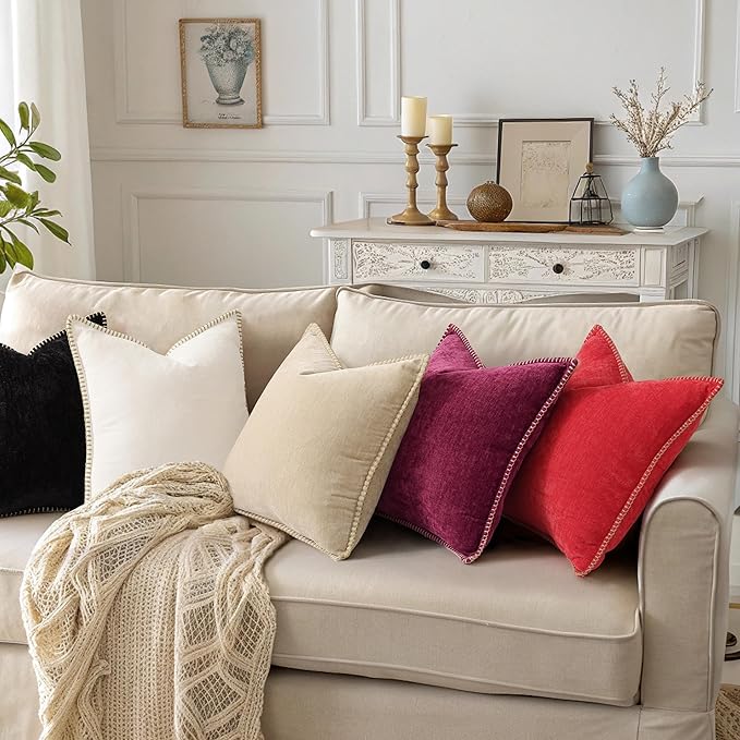 decorUhome Spring Chenille Soft Throw Pillow Covers 16x16 Set of 2, Farmhouse Velvet Neutral Decorative Pillow Covers with Stitched Edge for Couch Sofa Bed Home Decor, Black