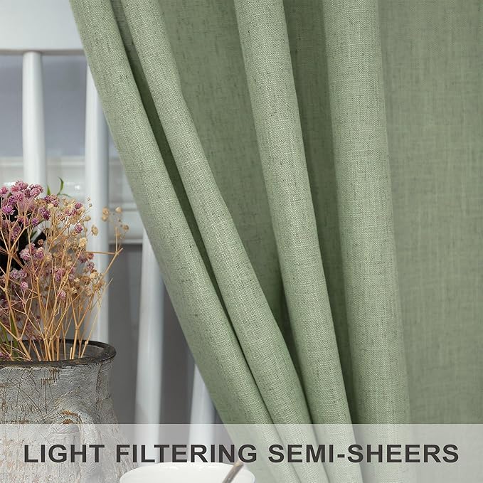Sage Green Curtains 96 Inches Long for Living Room 2 Panels Back Tab Loop Pocket Linen Draperies Semi Privacy Sheer Light Weight Pale Green Curtains for Bedroom Office Bay Neutral Boho Farmhouse 8 FT