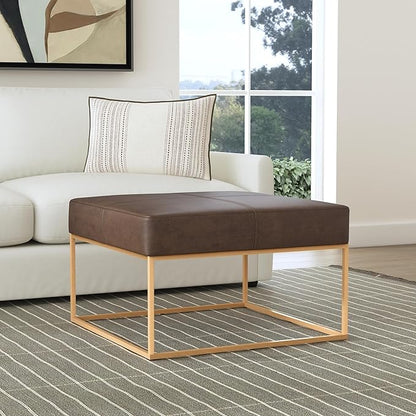 Homepop Decorative Large Square Gold Metal Ottoman | Ottoman Stool for Living Room & Bedroom | Decorative Home Furniture (Brown Faux Leather)