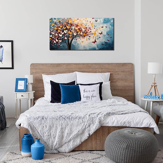 Butterfly Tree Canvas Wall Art for Living Room Bedroom Home Office Blue Colorful Tree of Life Wall Art Modern Large Framed Canvas Prints Size 20x40