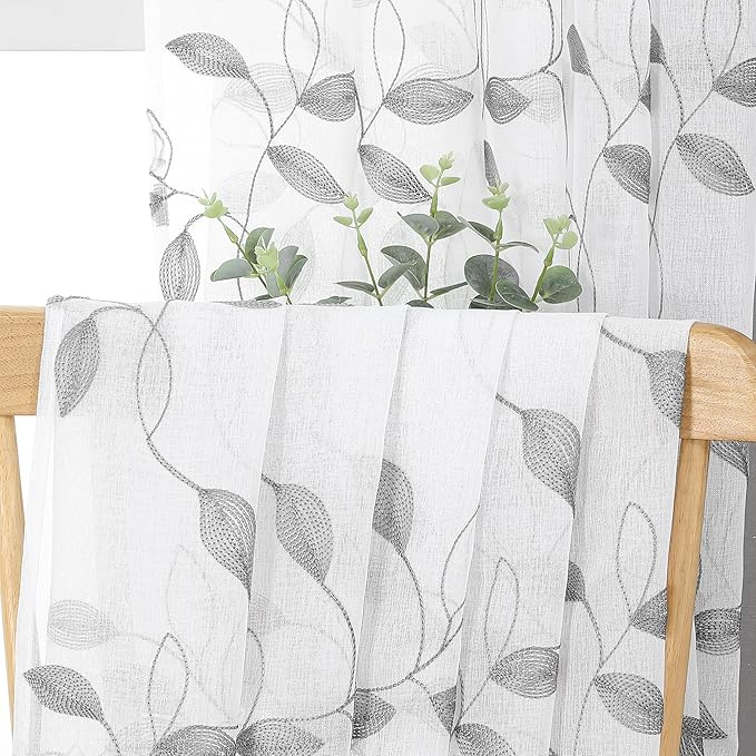 Tollpiz Grey Leaf Sheer Curtain Leaves Embroidered Bedroom Curtains Rod Pocket Voile Window Treatment for Living Room, 54 x 95 inches Long, Set of 2 Panels