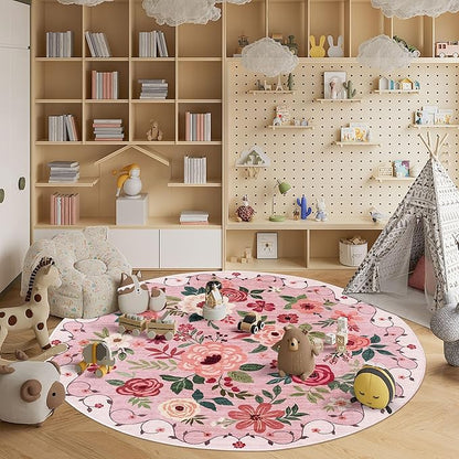 DUKINO Floral Round Rug, 6ft Washable Circle Rug, Non Slip Indoor Low Pile Circle Rug, Soft Small Boho Design Carpet for Bedroom, Entryway, Living Room, Dining Room, Pink