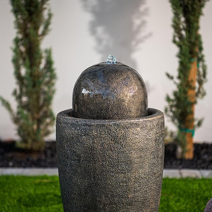 XBrand 26" Modern Sphere Water Fountain with LED Light – Indoor Outdoor Stone Texture Floor Fountain, Zen Bubbling Ball Water Feature for Garden Patio Porch - Bronze