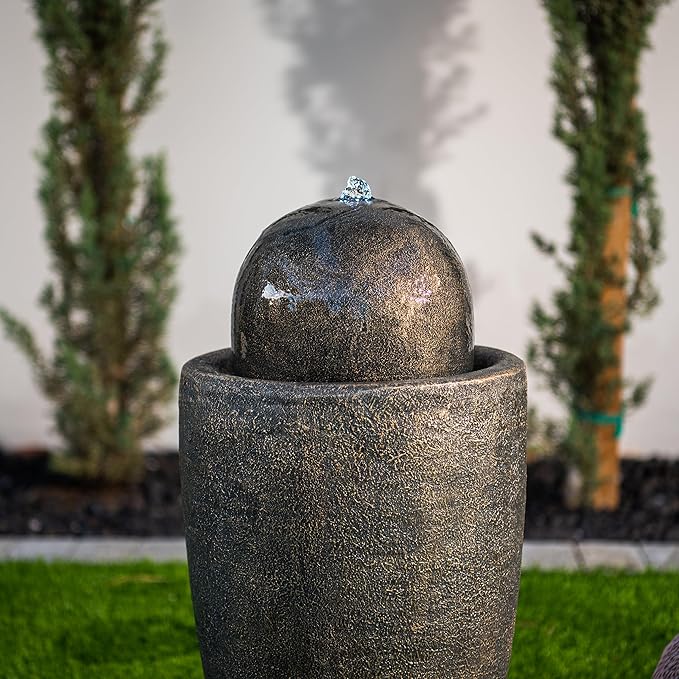 XBrand 25.98" H Brown Round Stone Indoor/Outdoor Modern Sphere Water Fountain w/LED Lights – Ball Bubbling Fountain Décor for Garden, Patio, or Tabletop