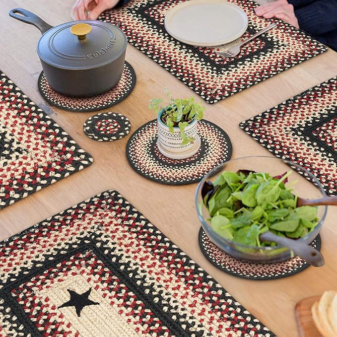 Homespice Primitive Star Gloucester Jute Braided Trivets for Table - Set of 3, Round 8", Black & Red - Rich Colors, Easy to Clean, Durable and Protects Furniture