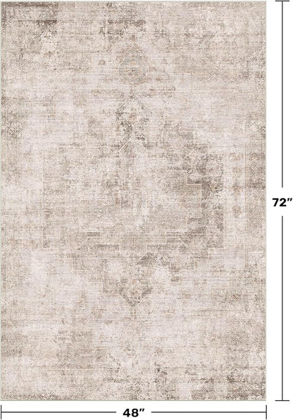 Washable 4x6 Rug for Small Living Room, Area Rug for Kitchen, Bedside, Large Entryway Indoor - Stain Resistant Non Slip with Rubber Backing, Unique Floral Aethestic Décor, Light Brown & Beige