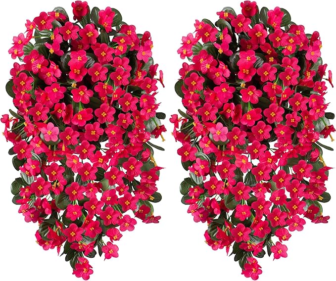 HyeFlora Artificial Fake Outdoor Outside Hanging Plants Flowers Vines for Spring Decoration, 2PCS Faux Silk Hotpink Daisy Mums UV Resistant Look Real Orchid Vine for Indoor Home Balcony Porch Planter